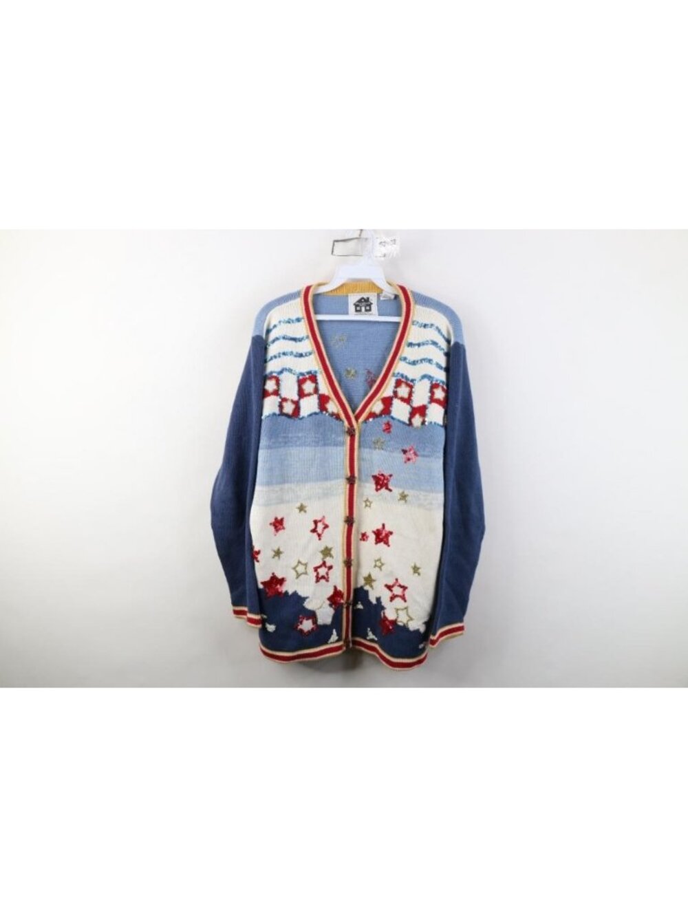 Vintage 90s Streetwear Womens Medium Sequin Star Ombre Knit Cardigan Sweater